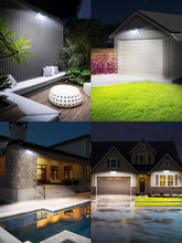 Collage of outdoor lighting fixtures on various parts of a house.